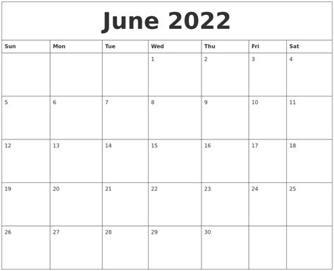 June 2022 Free Printable Weekly Calendar