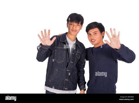 Two Thai Boys Show Hand Saying Goodbye Isolation Stock Photo Alamy