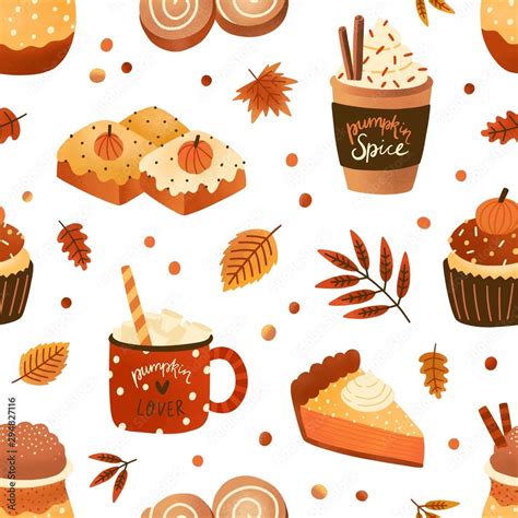 Autumn Pastry And Drinks Flat Seamless Pattern Pumpkin Spice Latte And Cupcakes Vector Texture
