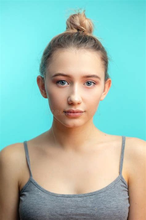 caucasian teenager with nude makeup natural expressive lips perfect fresh skin stock image