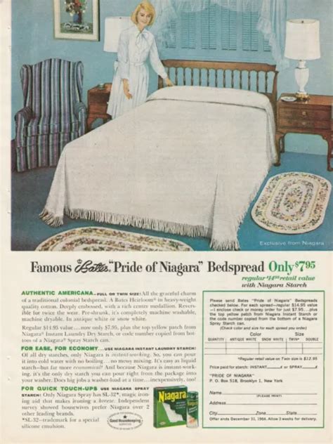 1964 Niagara Spray Starch Vintage Print Ad 1960s Famous Bates Bedspread