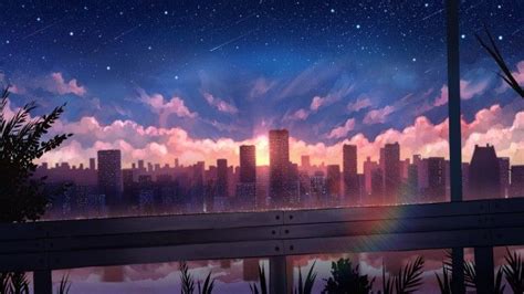 Wallpaper Anime Cityscape Polychromatic Sunset Rainbow Skyscrapers
