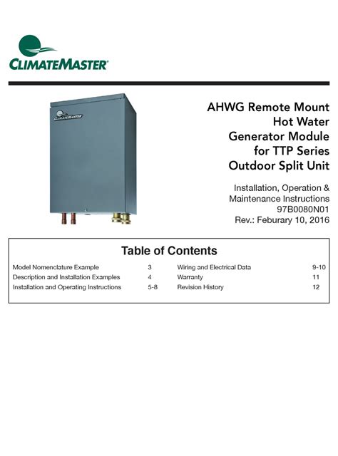 Climatemaster Ahwg Series Installation Operation And Maintenance