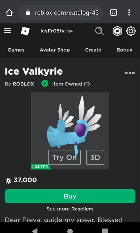 Roblox Ice Valkyrie Ptbd Video Gaming Gaming Accessories Game T