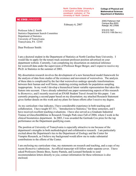 State specific terms related to the faculty position, department and university. Sample cover letter in Word - North Carolina State University
