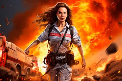 Premium Ai Image A Female Paramedic Running Away From An Explosion