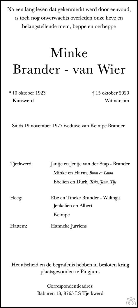Minke Brander Van Wier 15 10 2020 Overlijdensbericht En Condoleances