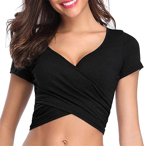 Damen Tiefer V Ausschnitt Kurzarm Einzigartige Slim Fit Coss Wrap Shirts Crop Tops Kurzarm