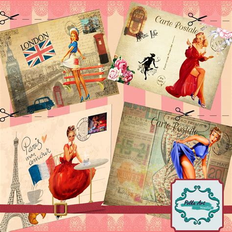 Pin Up Girls Printable Postcards 8 Vintage Digital Postcards Etsy