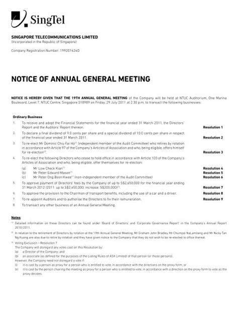 Notice Of Annual General Meeting Singtel