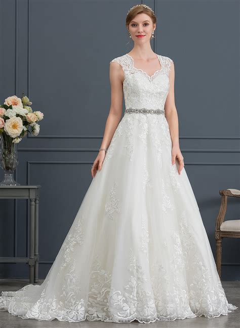 Ball Gownprincess V Neck Court Train Tulle Wedding Dress 220310