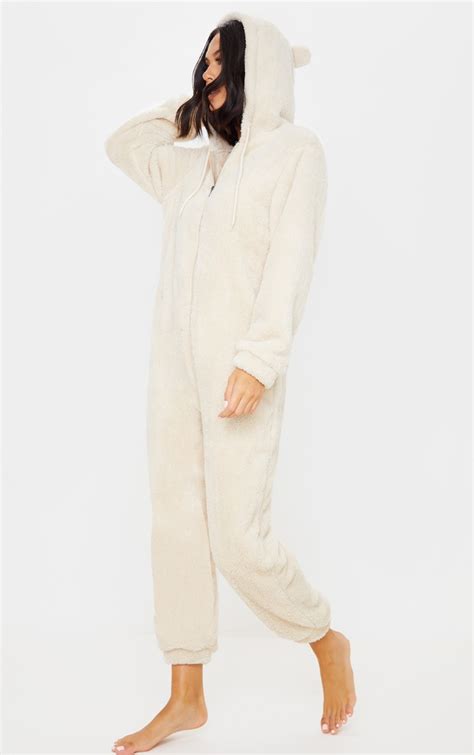 Cream Teddy Ear Onesie Nightwear And Onesies Prettylittlething Ie