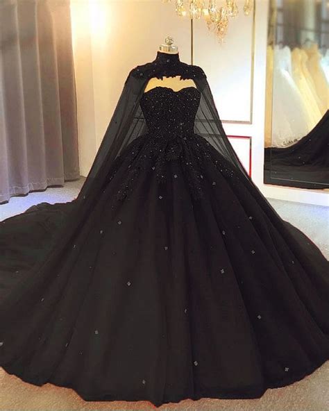 Appliques Beaded Ball Gown Sleeveless Black Wedding Dresses With Cape