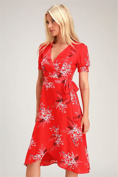 Cute Red Dress Floral Print Dress Midi Wrap Dress Lulus