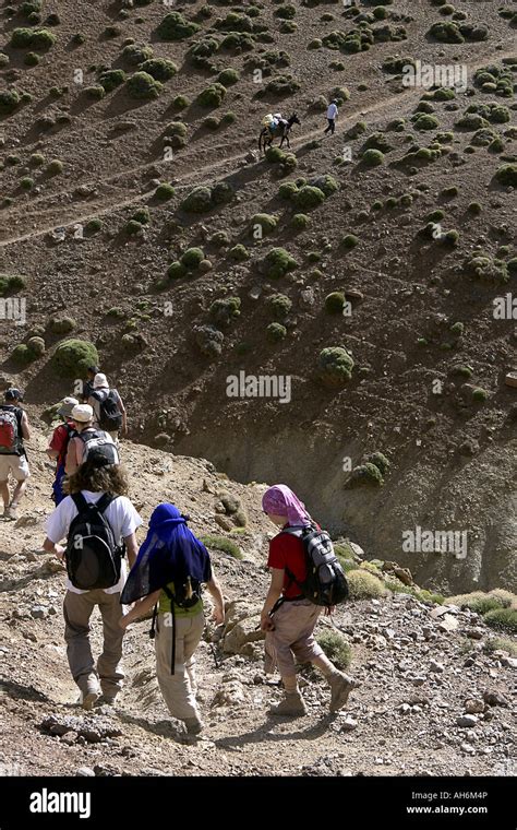 Hikers In Oulilimt Valley High Atlas Region Morocco Stock Photo Alamy