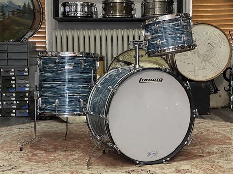 1970s Ludwig Oyster Blue Pearl 121622 3 Ply Maple Drum Kit Reverb