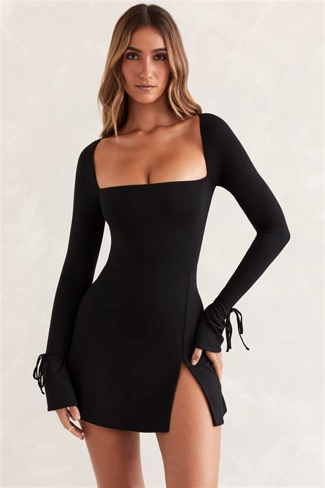 Baize Square Neck Long Sleeve Mini Dress In Black Oh Polly