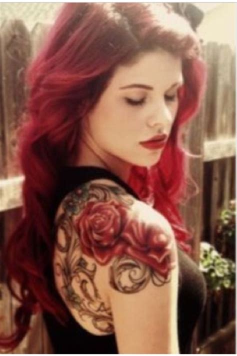 Red Hair Women Rose Tattoo On Shoulder Tattoomagz