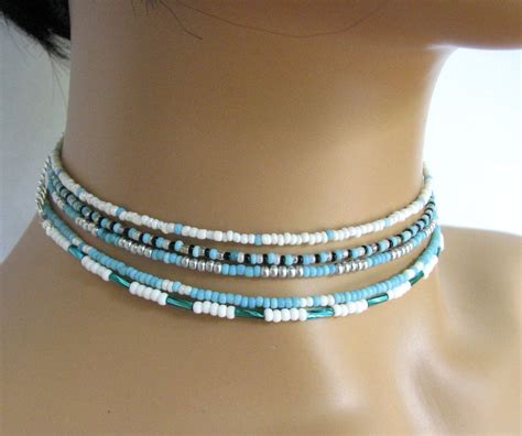 Skinny Turquoise Blue Bead Choker Necklaces Bits Off The Beach