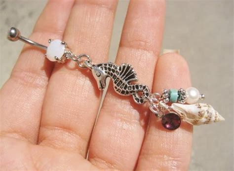 Seahorse Belly Button Ring Jewelry Sea Horse Shell Charm Dangle Real