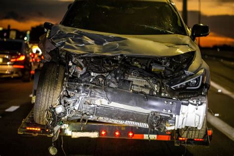 Loaded Broken Car On A Tow Truck After Crash Stock Image Image Of