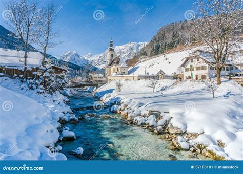 Panoramic View Of Scenic Winter Landscape In The Bavarian Alps Stock