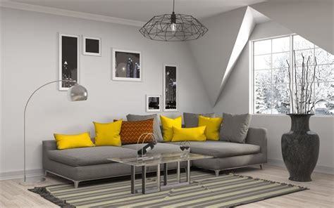 Download Wallpapers Gray Living Room Stylish Modern Interior Yellow