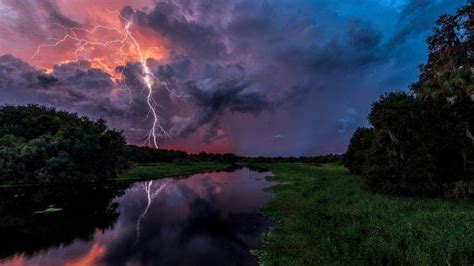 Nature Landscape Water Reflection Clouds River Storm Lightning Sunset Trees Forest