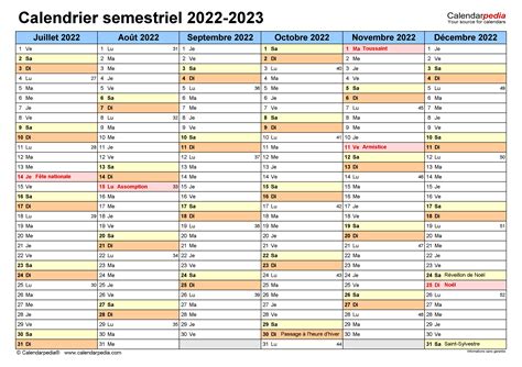 Calendrier Semestriel 2022 2023 Excel Word Et Pdf