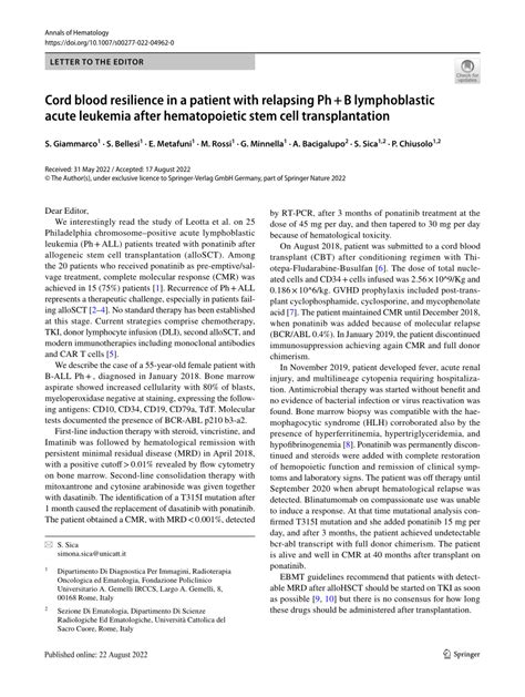 Pdf Cord Blood Resilience In A Patient With Relapsing Ph B
