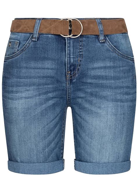 Sublevel Damen Bermuda Jeans Shorts 5 Pockets Inkl Velour Leder Gürtel
