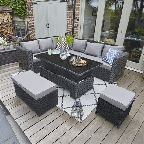 Barcelona 9 Seater Rattan Garden Dining Set With Rising Table In Black