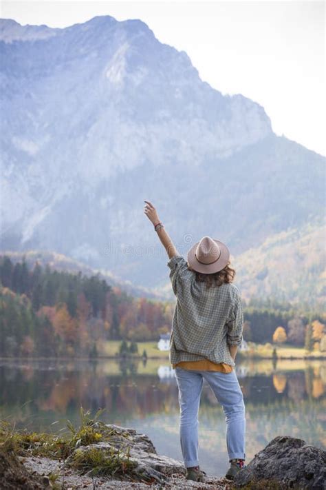 Girl Stands On The Shore Of A Mountain Lake Stock Image Image Of Rest