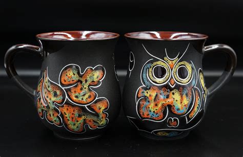 Coffee Mug Set Of 2 Handmade Mugs 9 5 Oz Engraved And Painted Etsy