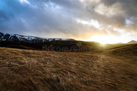 Autumn Winter Landscape In Iceland With Hills Mountains And Grass