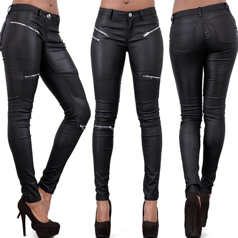women black faux leather biker trousers leather look stretch leggings size 8 16 ebay