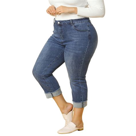 Unique Bargains Womens Plus Size Jeans Stretch Rolled Mid Rise