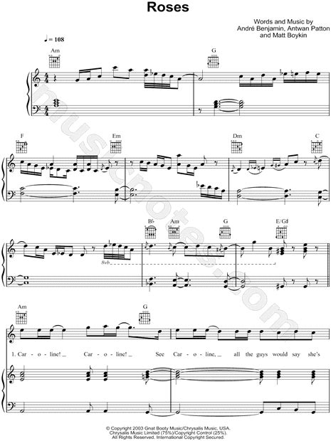 Outkast Roses Sheet Music In A Minor Transposable Download And Print Sku Mn0095908u5