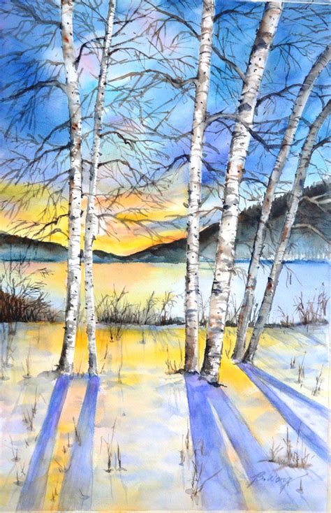 Watercolour Of Winter Scene At Sunset Winter Painting Birch Tree Art