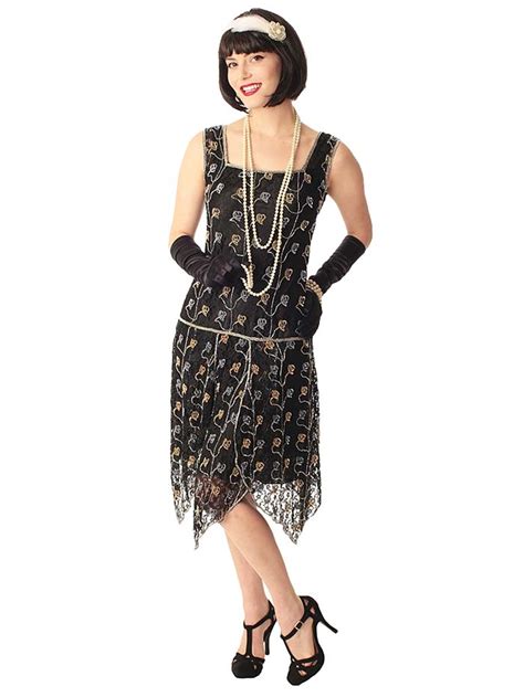 20s Style Beaded Black Lace Drop Waist Flapper Dress Blue Velvet Vintage