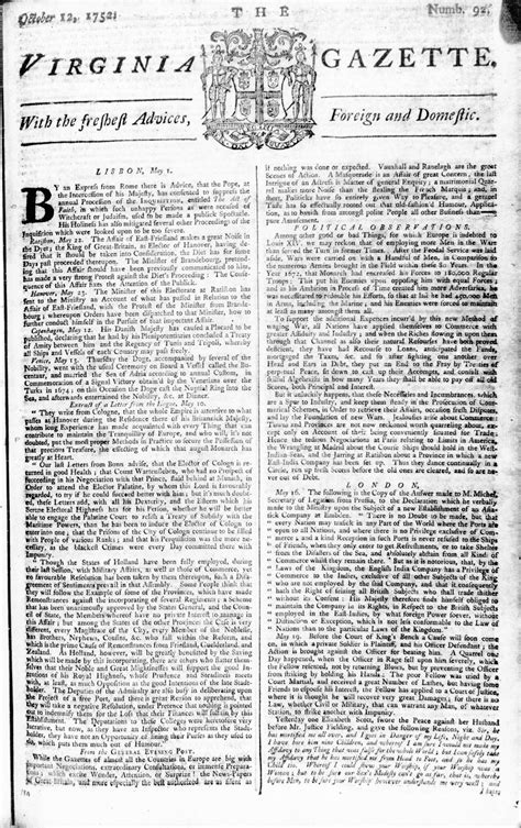 Virginia Gazette Hunter Oct 12 1752 Pg 1 The Colonial