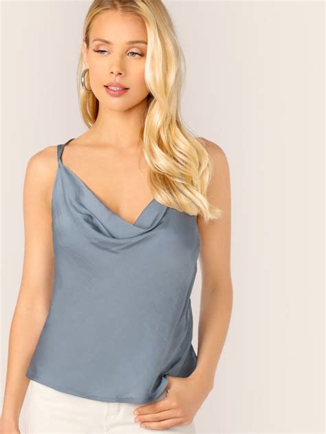 cowl neck strappy satin cami tank top