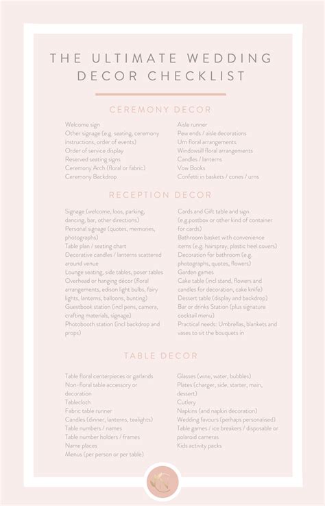 Wedding Decor Checklist Printable Free Printable Wedding