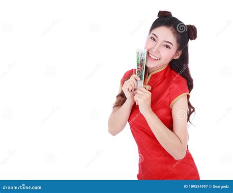 Woman Wearing Chinese Cheongsam Dress And Holding A Chinese Fan Stock