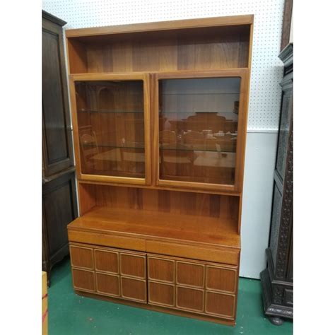 China cabinet mid 19th century burr walnut, gilded brass highlights, fluted columns supports, string inlay and velvet interior, height 110 cm, length 122 china cabinet sheraton style with central convex glass panel, and two doors with, applied decoration, satinwood inlay on tapered legs with shelf below. Mid Century Modern McIntosh China Cabinet | Chairish