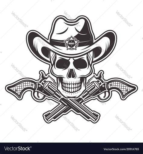 Sheriff Skull In Cowbabe Hat With Two Crossed Guns Vector Image