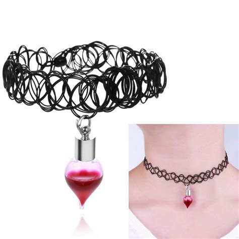 Gothic Vintage Style Black Choker Vampire Blood Vial Necklace With