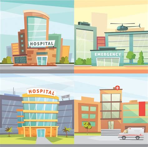 Premium Vector Set Hospital Building Cartoon Modern Illustration