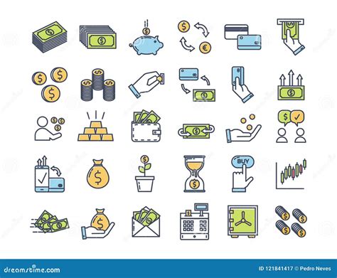 Money And Finance Icons Vector Thin Outline Pictograms With Flat Color