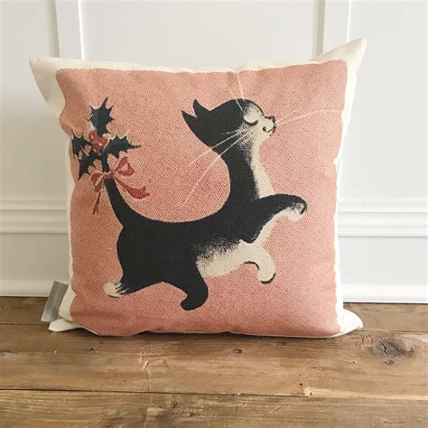 Mid Mod Christmas Cat Pillow Cover Linen And Ivory